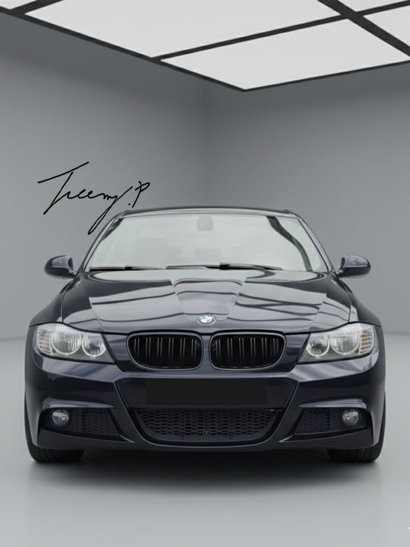 Gloss black OEM-fit double-slat front kidney grilles installed on a 2008-2012 BMW 3 Series LCI (E90 / E91)