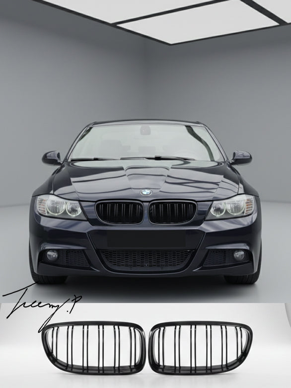 Gloss black OEM-fit double-slat front kidney grilles installed on a 2008-2012 BMW 3 Series LCI (E90 / E91)