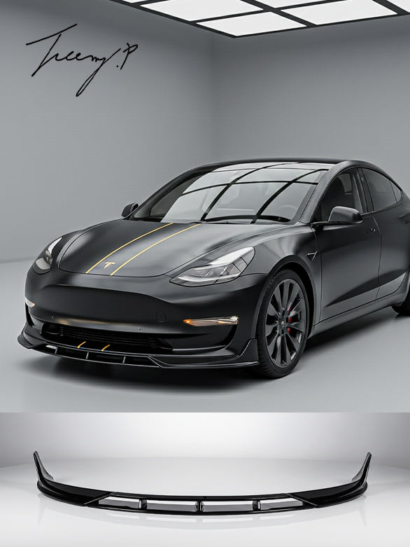 Aero style 4-piece gloss black front bumper splitter for Tesla Model 3 (2017–2022).