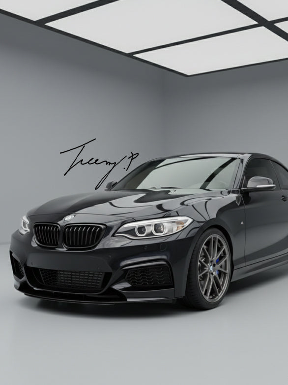 Gloss black front kidney grille and matching front splitter lip installed on a 2014-2021 BMW 2 Series F22 / F23