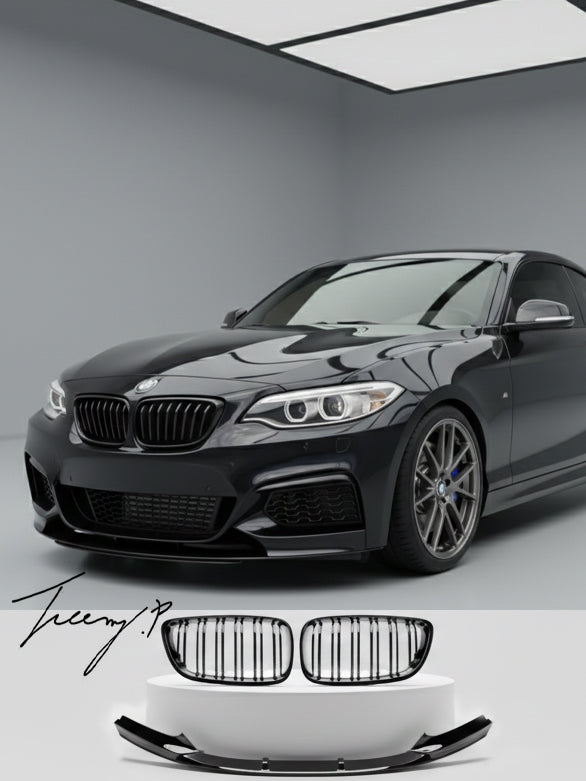 Gloss black front kidney grille and matching front splitter lip installed on a 2014-2021 BMW 2 Series F22 / F23