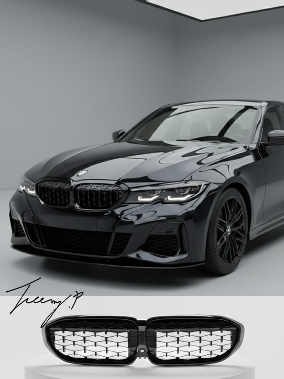 Gloss black full diamond-style front kidney grille installed on a 2019-2022 BMW 3 Series G20 / G21
