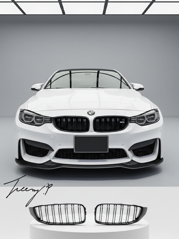 Gloss black front kidney grilles installed on a 2014-2020 BMW 4 Series / M3 / M4 F32 / F33 / F36 / F80 / F82 / F83