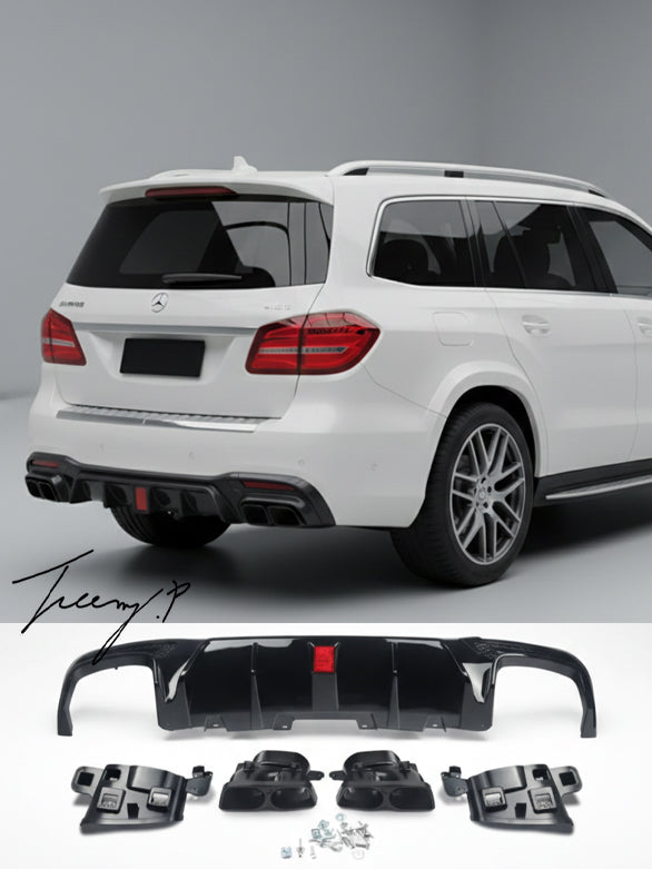 Black rear diffuser with light and tailpipes for Mercedes GLE GLS W166 X166 2015 to 2019
