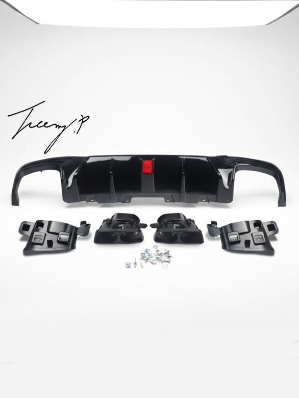 Black rear diffuser with light and tailpipes for Mercedes GLE GLS W166 X166 2015 to 2019
