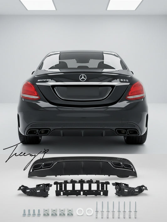 Gloss black C63 look rear diffuser with tail pipe for Mercedes C Class W205 2015 plus
