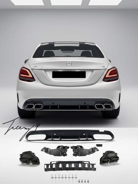 Gloss black rear diffuser with AMG tailpipes installed on a 2015-2020 Mercedes C-Class AMG / C63 W205 Sedan