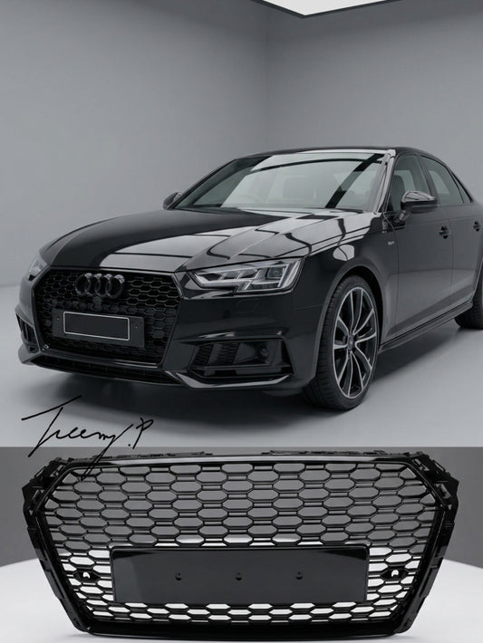 Audi A4 B9 S Line RS style gloss black grille upgrade 2015 to 2019 aggressive honeycomb design
