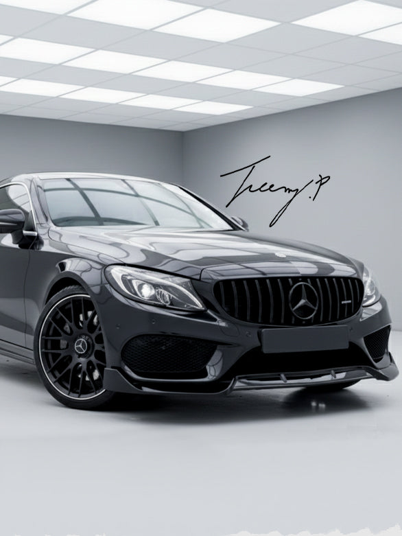 Gloss black C43 look rear diffuser, front splitter, and side skirts body kit installed on a 2016-2021 Mercedes C-Class C205 Coupe