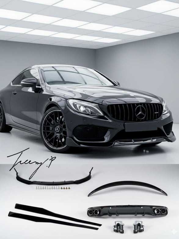 Gloss black C43 look rear diffuser, front splitter, and side skirts body kit installed on a 2016-2021 Mercedes C-Class C205 Coupe