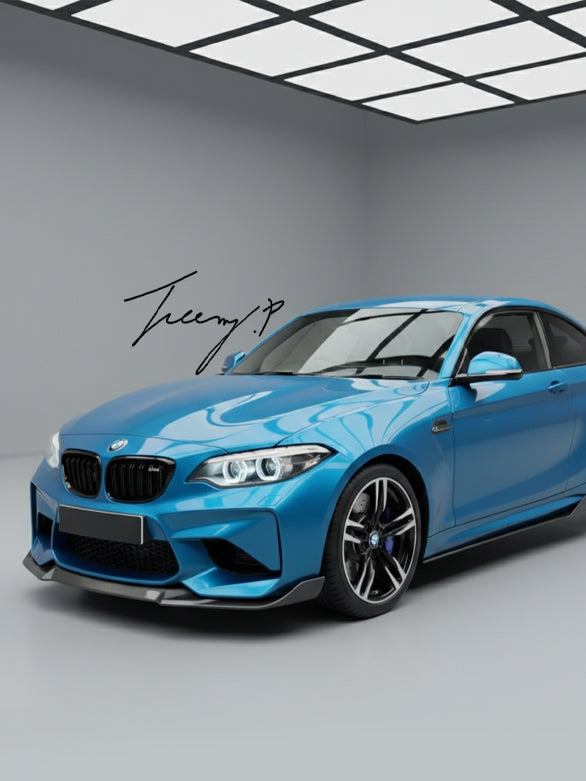 Carbon look front splitter, rear diffuser, side skirts, and trunk spoiler body kit installed on a 2016-2021 BMW M2 F87.