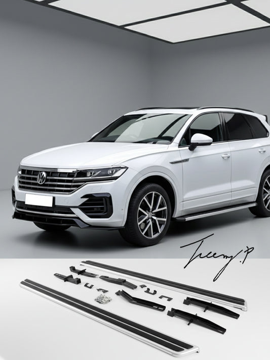 Aluminum side step running board rails installed on a 2019-2022 Volkswagen Touareg MK3