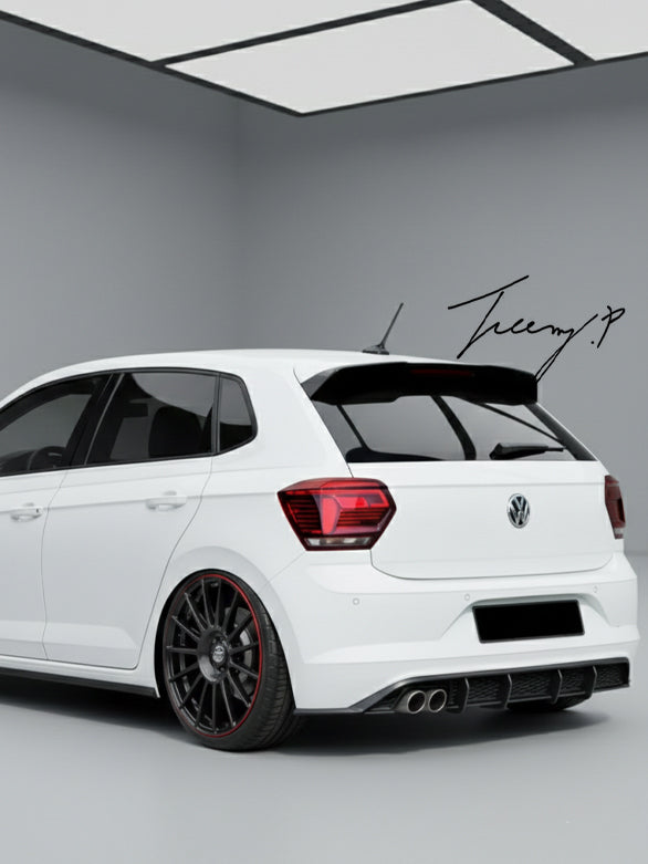 Gloss black rear bumper blade diffuser lip installed on a 2018-2022 Volkswagen Polo MK6 GTI (AW)