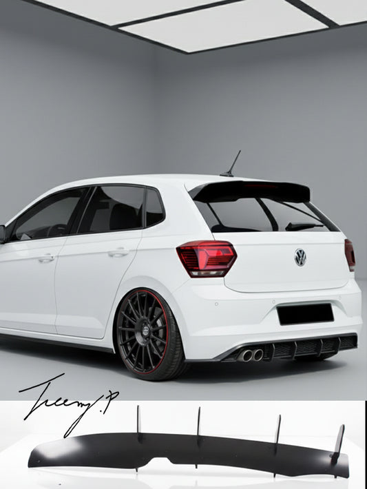 Gloss black rear bumper blade diffuser lip installed on a 2018-2022 Volkswagen Polo MK6 GTI (AW)