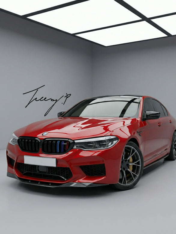 Carbon-look front bumper lip spoiler installed on a 2017-2020 BMW M5 F90 Pre-LCI