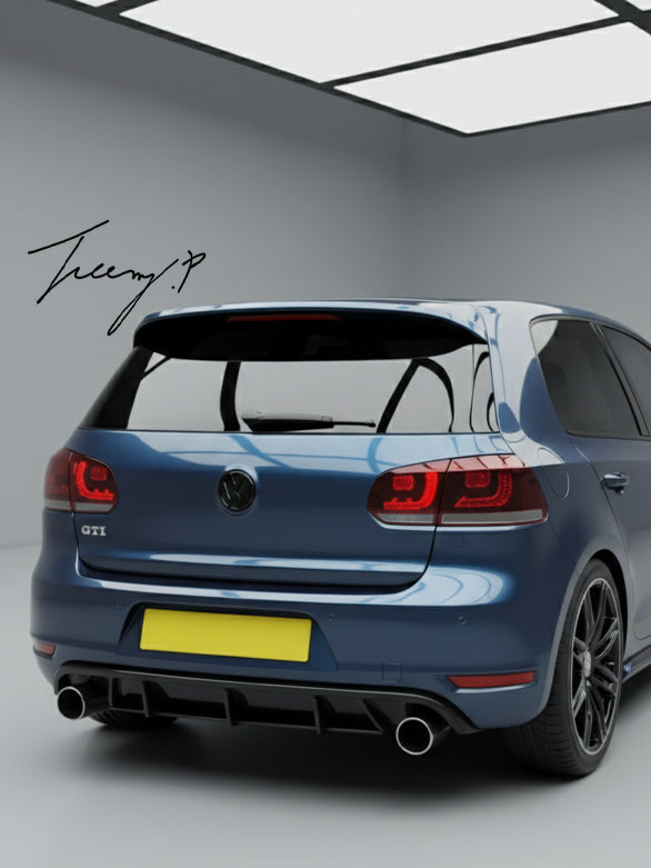 Gloss black rear blade fin diffuser and side splitters body kit installed on a 2008-2013 Volkswagen Golf GTI MK6