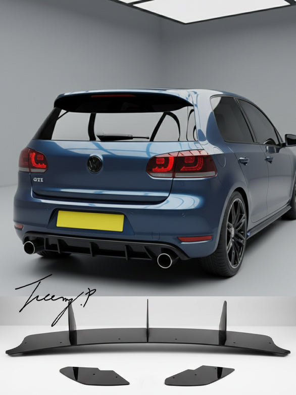 Gloss black rear blade fin diffuser and side splitters body kit installed on a 2008-2013 Volkswagen Golf GTI MK6