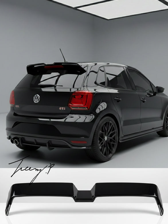 Gloss black Oettinger-style rear roof spoiler installed on a 2009-2017 Volkswagen Polo MK5 (6R / 6C / GTI / R)