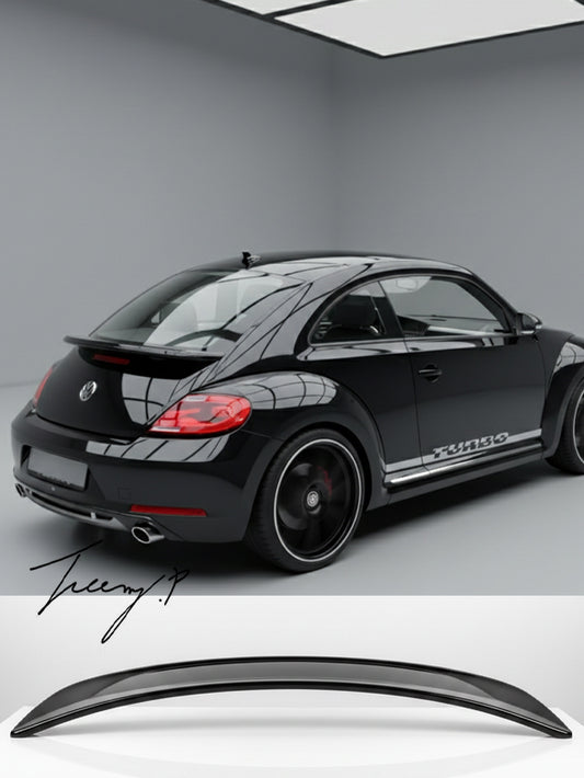 Gloss black OEM-fit rear trunk lid spoiler installed on a 2011-2019 Volkswagen Beetle A5