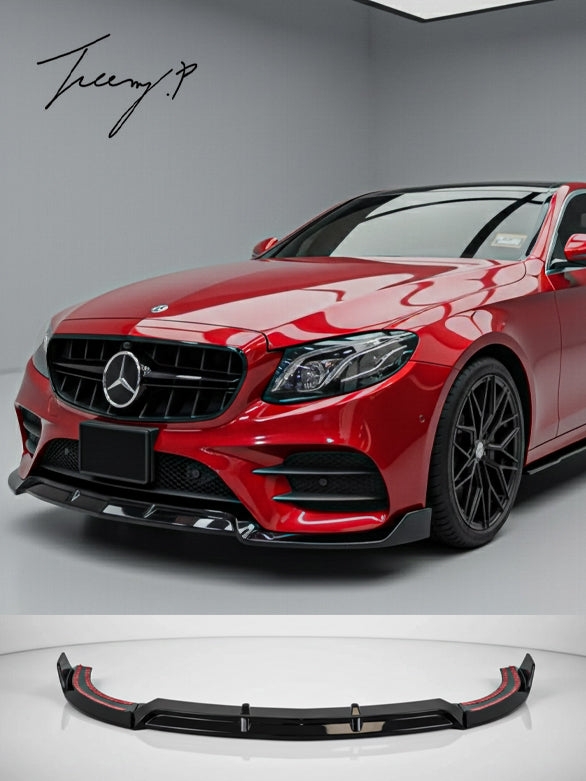 Gloss black AMG Line front splitter for Mercedes E-Class W213/C238 (2016–2020).