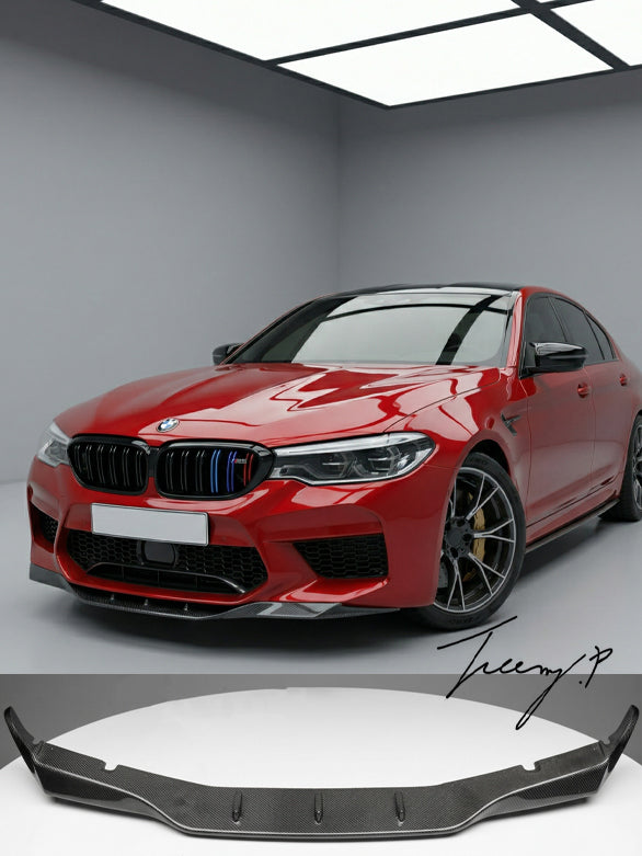 Carbon-look front bumper lip spoiler installed on a 2017-2020 BMW M5 F90 Pre-LCI