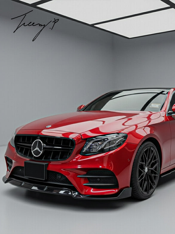 Gloss black AMG Line front splitter for Mercedes E-Class W213/C238 (2016–2020).