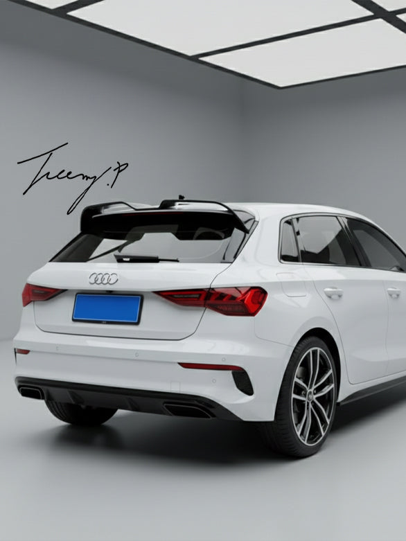 Gloss black Oettinger-style rear roof boot spoiler installed on a 2020-2026 Audi A3 8Y Hatchback