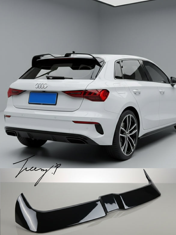 Gloss black Oettinger-style rear roof boot spoiler installed on a 2020-2026 Audi A3 8Y Hatchback
