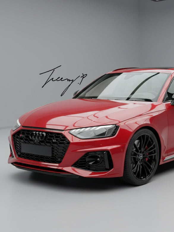 RS4-style gloss black honeycomb front radiator bumper grille installed on a 2016-2023 Audi A4 / S4 (B9 / B9.5)