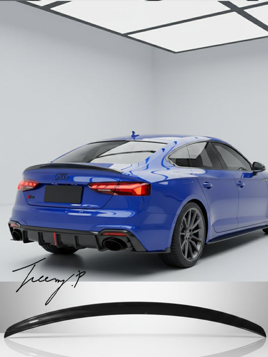 Gloss black rear boot trunk lip spoiler installed on a 2017-2024 Audi A5 B9 / F5 Cabriolet (Convertible)