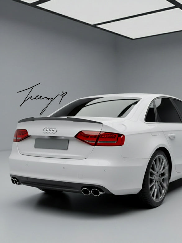 Gloss black M4-style rear boot spoiler lip installed on a 2008-2012 Audi A4 B8 Saloon (Pre-LCI)