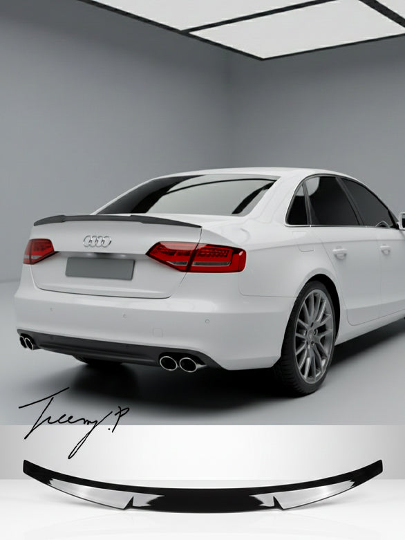 Gloss black M4-style rear boot spoiler lip installed on a 2008-2012 Audi A4 B8 Saloon (Pre-LCI)