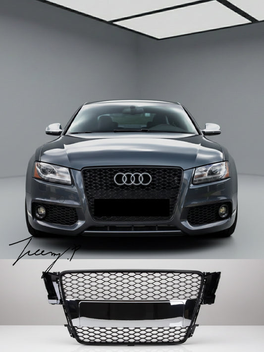 RS-style gloss black honeycomb front bumper grille installed on a 2007-2016 Audi A5 / S5 (8T)
