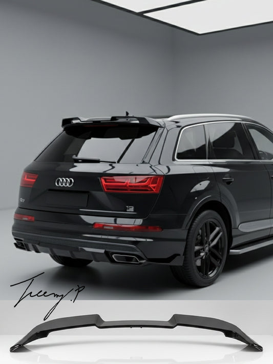 Gloss black rear roof boot spoiler wing lip installed on a 2016-2019 Audi Q7 S Line