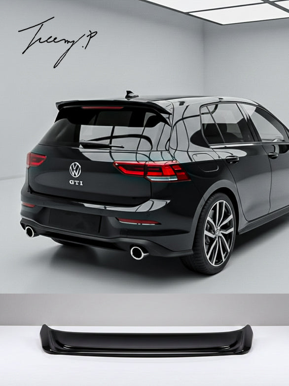 Gloss black Osir-style rear spoiler for VW Golf Mk8 (2020+), mounted on the tailgate.