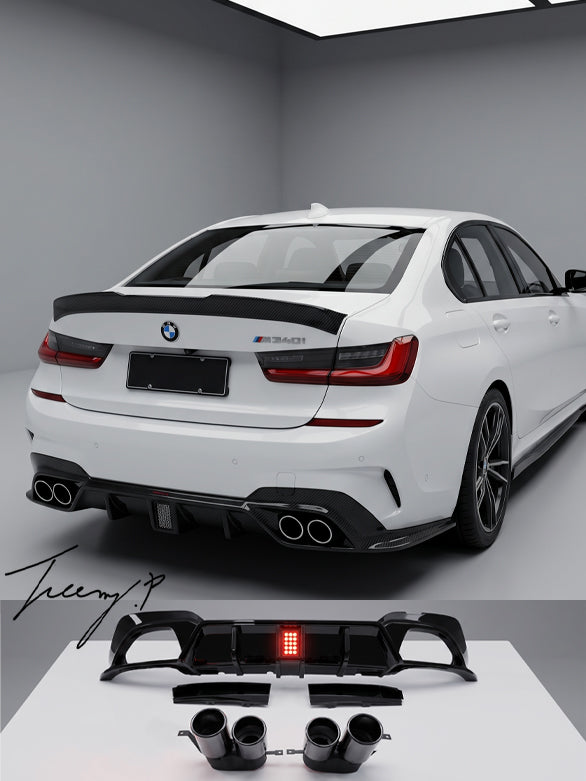 BMW 3 Series G20 G21 M Sport gloss black rear diffuser with light aggressive sporty styling
