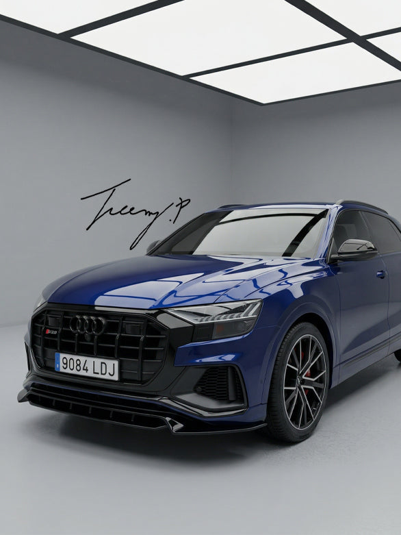 Gloss black front splitter lip installed on a 2018-2026 Audi Q8 S Line bumper