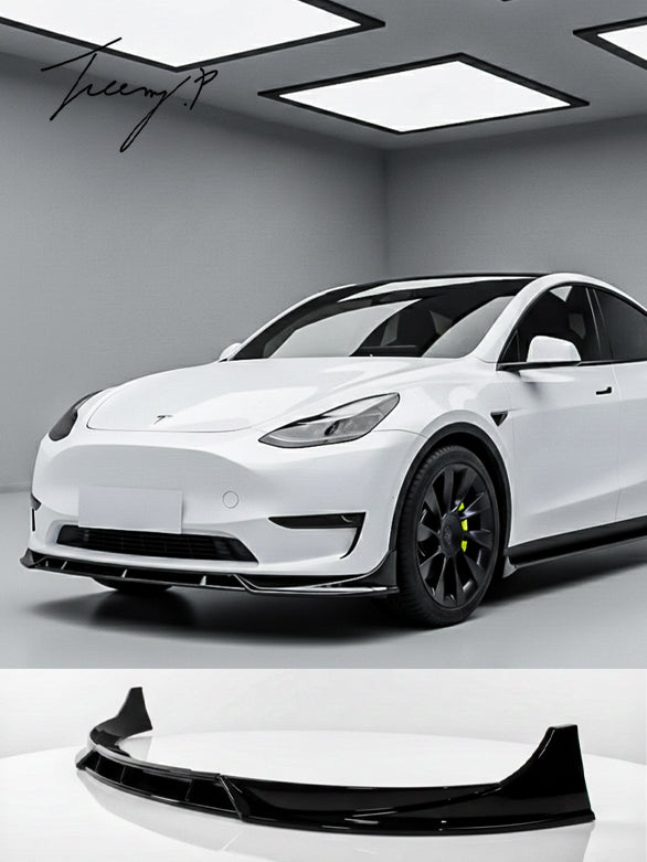 Gloss black front bumper lip splitter for Tesla Model Y (2020–2024).