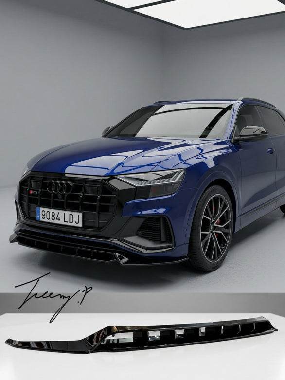 Gloss black front splitter lip installed on a 2018-2026 Audi Q8 S Line bumper