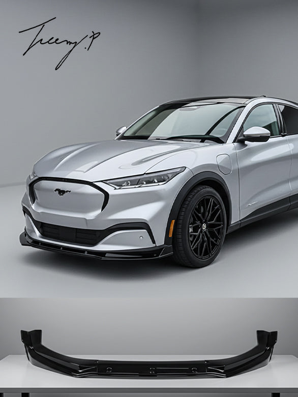 Gloss black front spoiler lip splitter body kit for Ford Mustang Mach-E (2021+).
