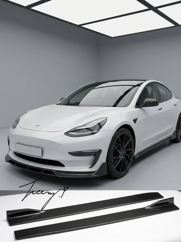 Tesla Model 3 (2017+) Carbon Fiber Side Skirts Extension Lip Splitter Spoiler Kit