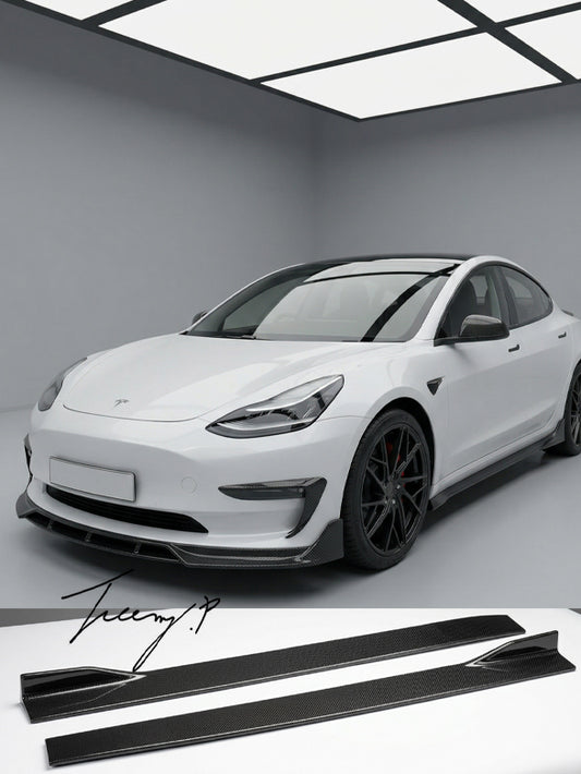 Tesla Model 3 (2017+) Carbon Fiber Side Skirts Extension Lip Splitter Spoiler Kit