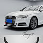 Gloss black front splitter spoiler lip for Audi A3 8V S Line and S3 Sedan (2017–2020).