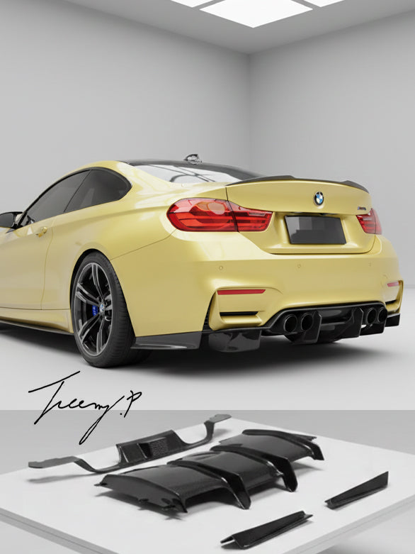 Real carbon fiber 4-piece PS style rear diffuser kit installed on a 2014-2019 BMW M3 F80 or M4 F82/F83