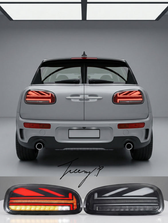 Smoked LED rear tail light lamps assembly installed on a 2015-2024 MINI Cooper Clubman F5