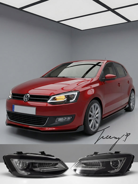 Sequential LED headlights pair installed on a 2011-2017 VW Polo MK5 / MK5S Saloon