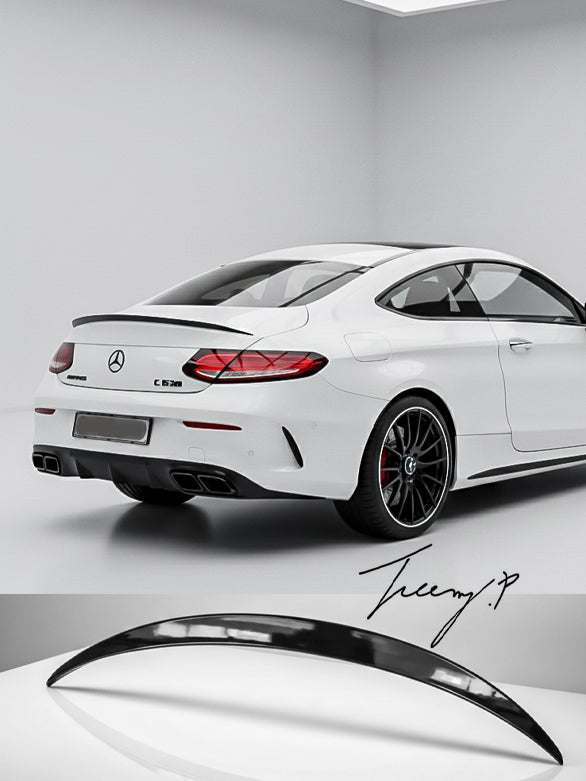 Gloss black rear trunk spoiler fitted to a Mercedes-Benz C-Class W205 Coupe AMG (2014–2019).