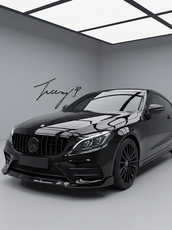 Gloss black front splitter lip for Mercedes C-Class W205 C205 AMG Line C43 (2015–2021).