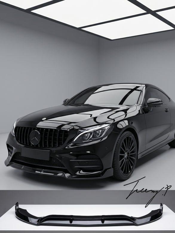 Gloss black front splitter lip for Mercedes C-Class W205 C205 AMG Line C43 (2015–2021).