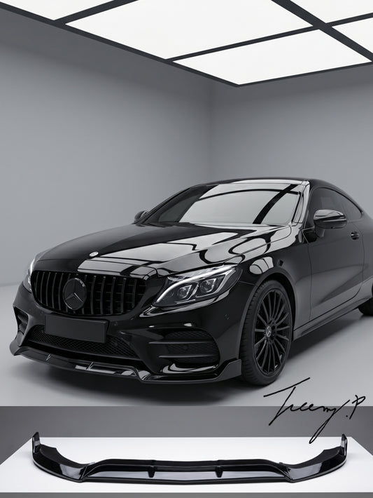 Gloss black front splitter lip for Mercedes C-Class W205 C205 AMG Line C43 (2015–2021).